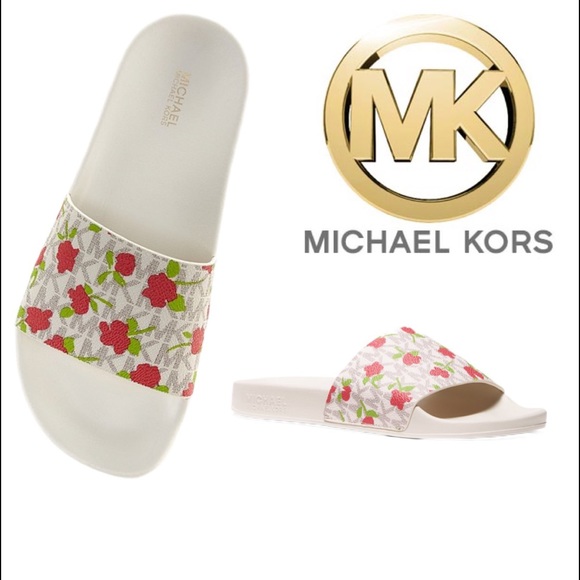 MICHAEL KORS Signature Vanilla Cream Floral Monogram Logo Slip On Slides Sandals - Picture 1 of 13